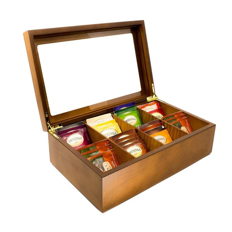 Hot sale storage chest 8 compartments glass window wooden wood bamboo tea box with tea