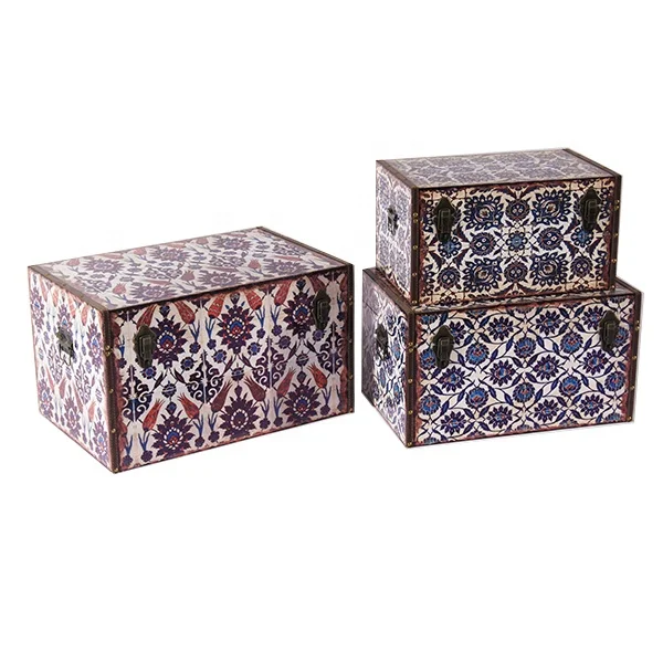 
Home Decor Ornament Blue and White Porcelain Design Rectangle Wooden Base PU Print Set of 3 Storage Trunk 
