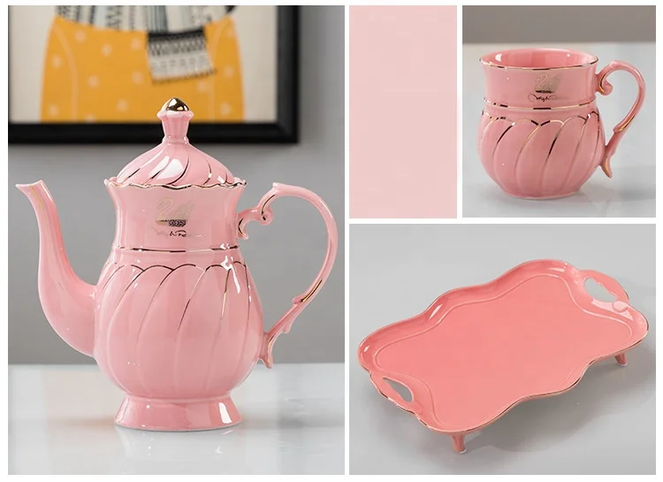 8 Pc Luxury British Coffee Cup Set with Golden Trim,  Beautiful Porcelain Tea Pot With 6 Cups & Tea Tray, For Living Room Decor