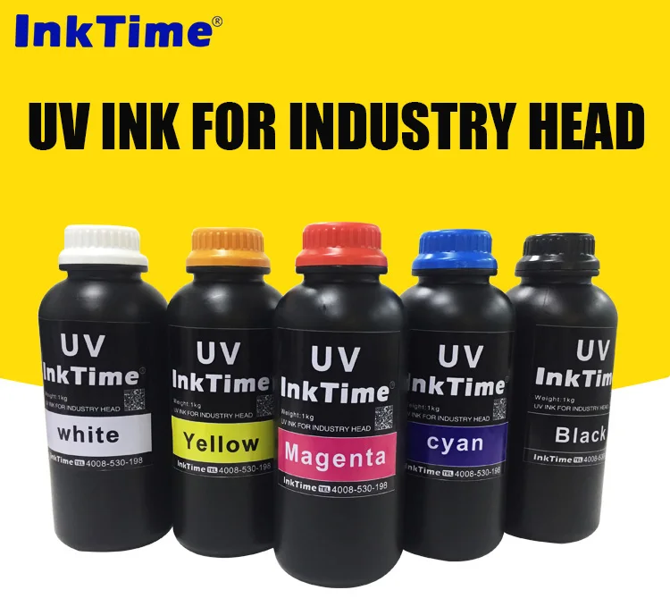 Inktime high quality CMYK White 5 Colors UV LED Curable printing Ink for Industrial Printheads Soft and Hard Materials
