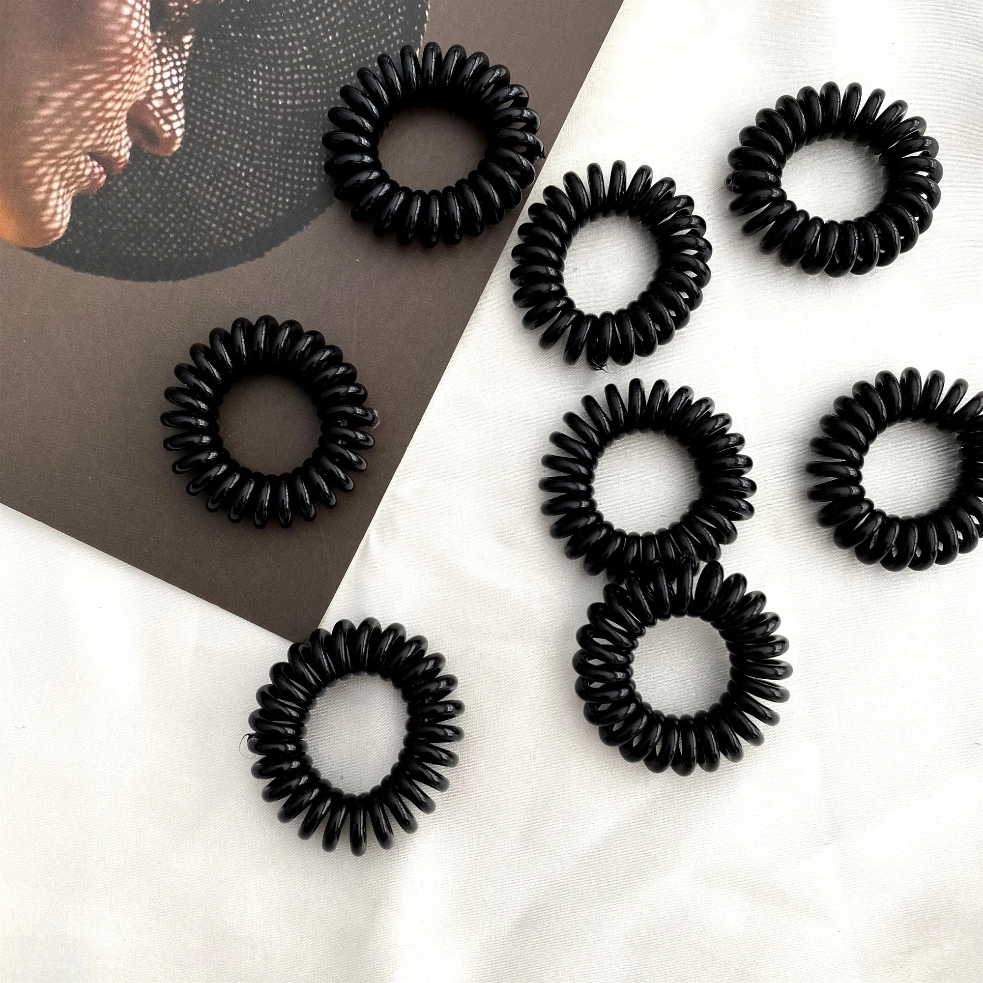 Black mini telephone cord coil hair ties pony tail holder plastic elastic  hair band screw hair rope accessories for women