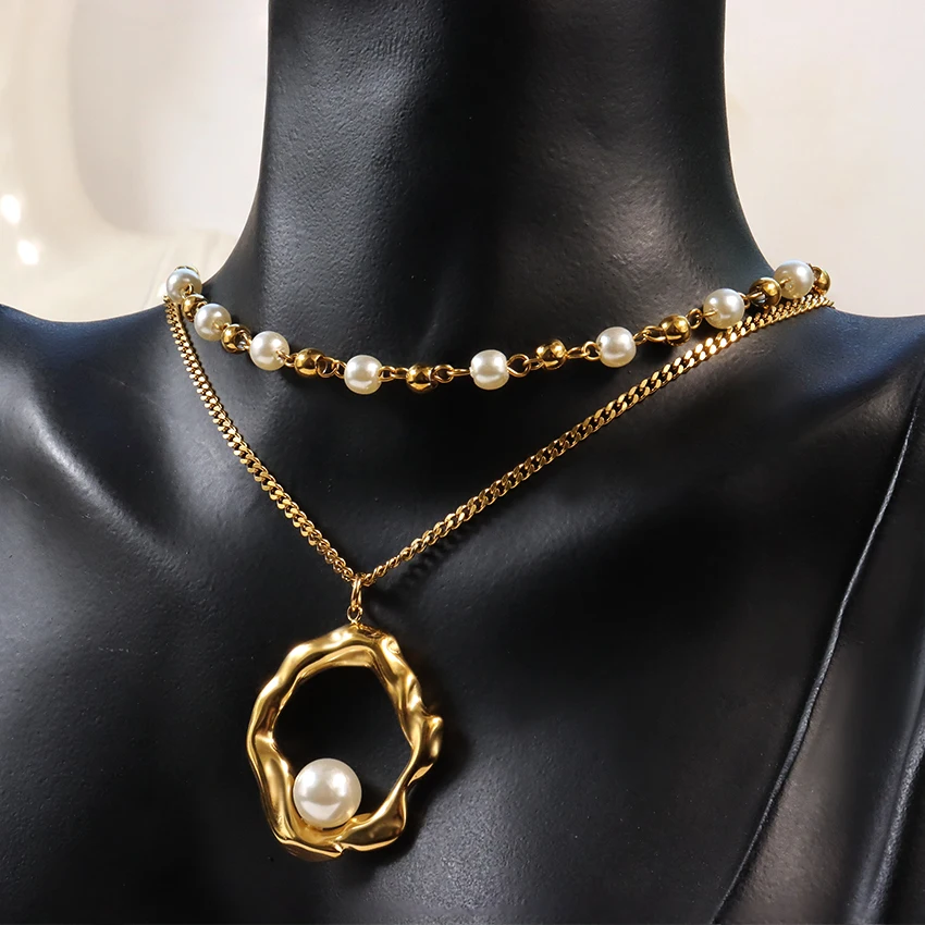 New Design Irregular Shape Jewelry Set 18k Gold Plated Stainless Steel Geometric Irregular Pearl Ring Earrings Necklace