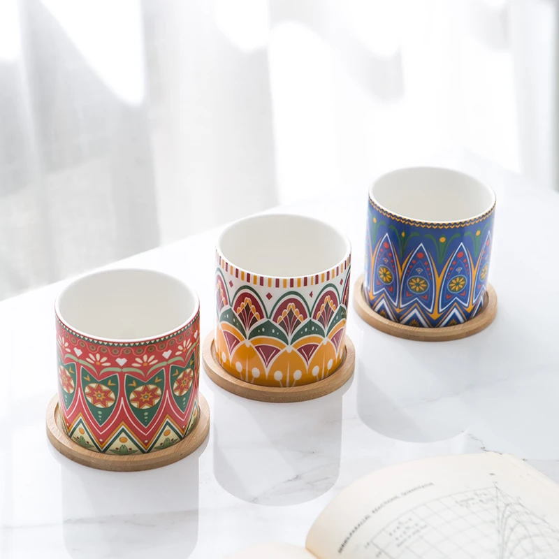 Wholesale Cylinder Design Small Cute Marble Ceramic Succulent Pots for Plants with Bamboo Tray Planter Set