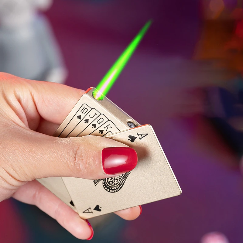Wholesale Creative Playing Cards Lighter Metal Refillable Jet  Green Flame Cigarette Lighter