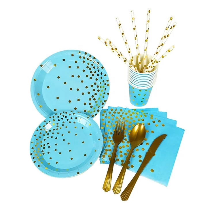 
200 Pieces Blue Black and White Hot Stamping Polka Dot Party Supplies 25 People Paper Cups Trays Tissues and Tableware Set 
