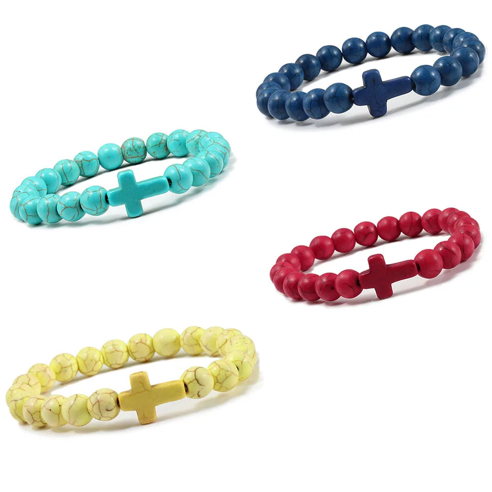 Unisex Trendy Volcanic Stone Hand String Yoga Bead Multi-Color Turquoise Cross Geometric Pattern Perfect Gift Religious Friends