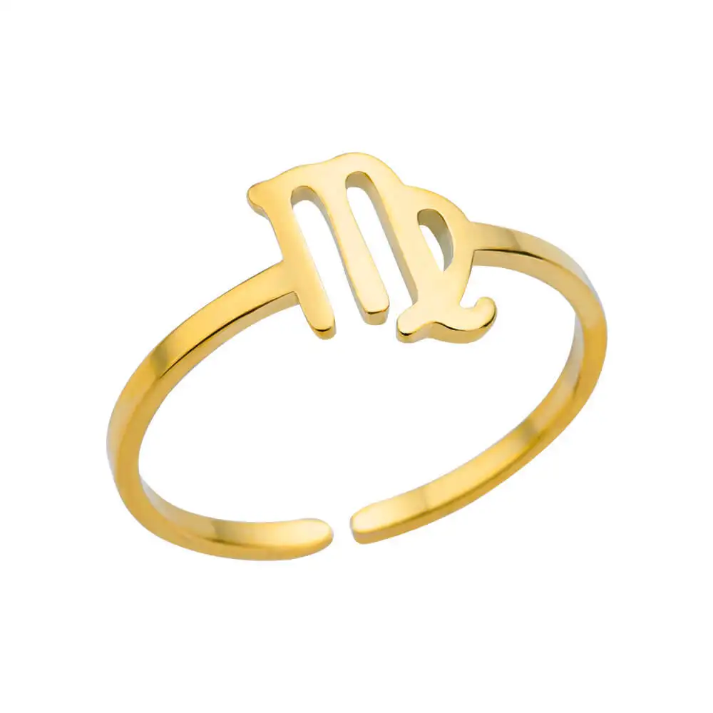 New Stainless Steel Pvd Gold Plated Jewelry Custom Adjustable 12 Horoscope Zodiac Sign Ring For Women Girls Gift
