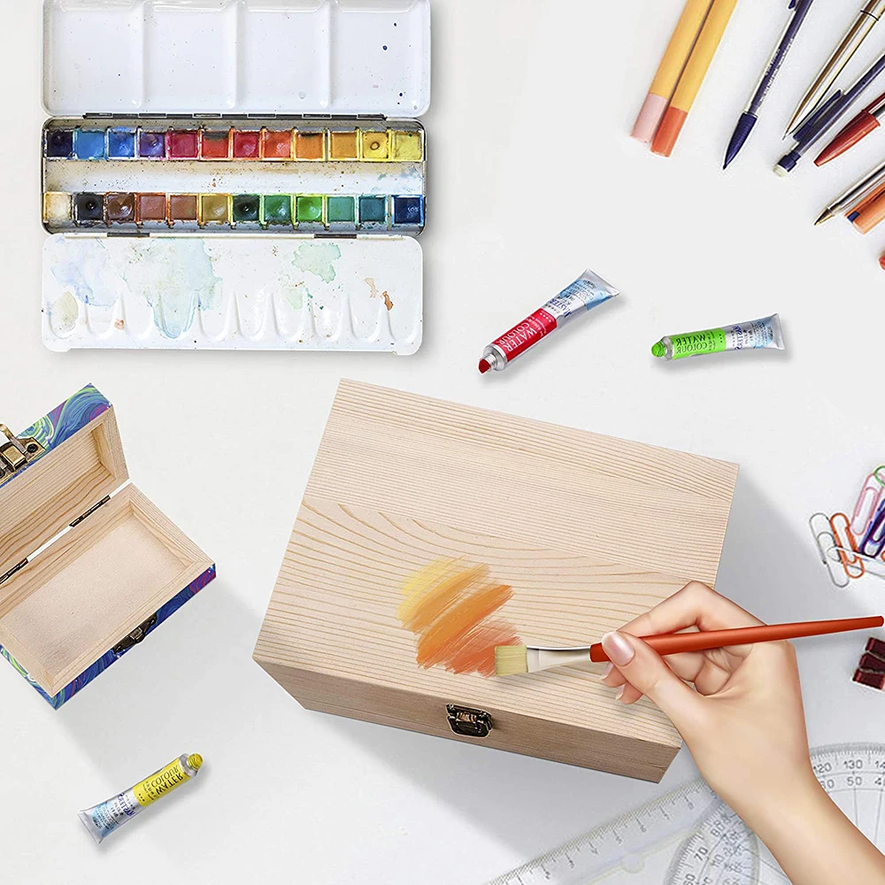 Unfinished Wood Pencil Box, Unpainted Rectangle DIY Artist Tool and Brush Storage Box Case with Locking Clasp
