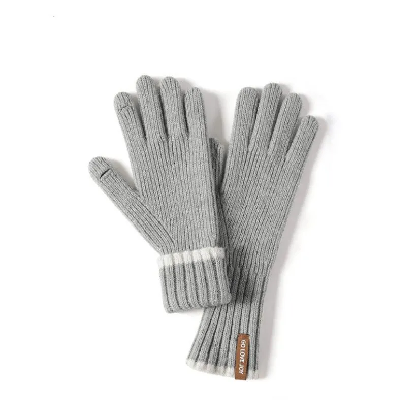Full Fingers Ribbed Knit Wool Gloves for Women Wholesale Grey Navy Beige Thick Texting Mitten Typing Warm Winter Gloves