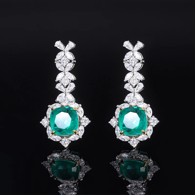 Custom Fine Jewelry Emerald Fulled diamond Drop Earrings 925 Sterling Silver Women Crystal Geometric Long Dangle Hanging Earring