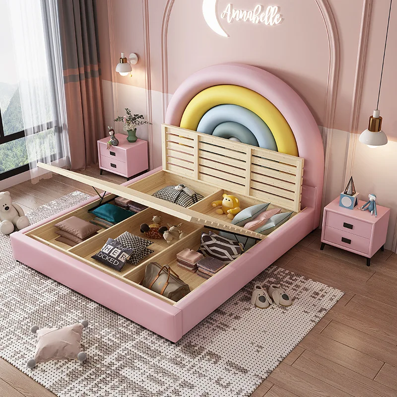 Children bedroom furniture children solid wood bed girls leather storage single bed