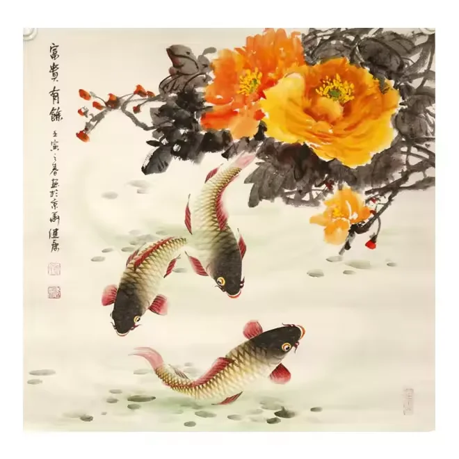 Chinese traditional rice paper ink red koi calligraphy decoration living room wall hanging ink painting