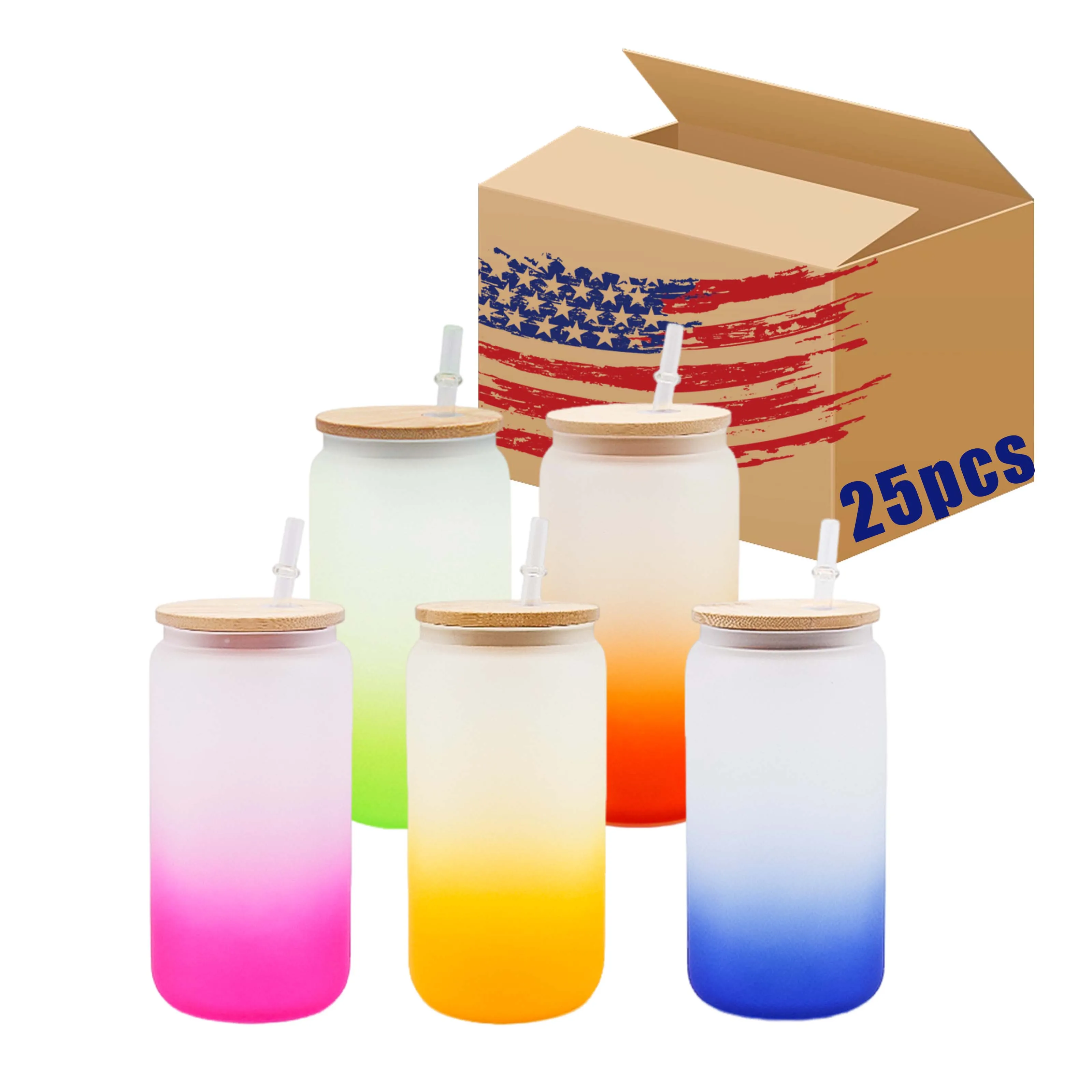 USA Warehouse 16oz Portable Beverage Colorful Coffee Ombre Gradient Frosted Glass Beer Bottles Jar Cup with Bamboo Lid