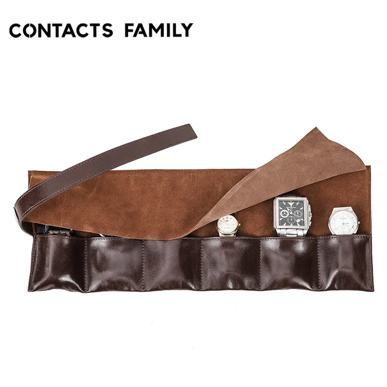 CONTACTS FAMILY Custom Easy Carry Waterproof Holder Travel Watch Storage Organizer 6 slots Waxed Cow Leather Watch Roll Pouch