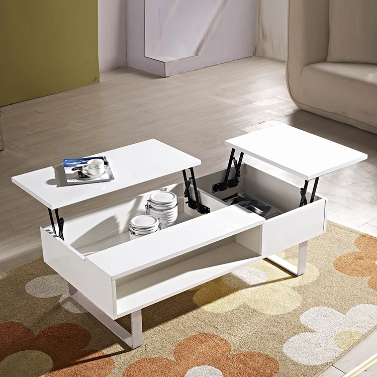 multi function living room furniture dual lifting top glossy white wooden coffee table