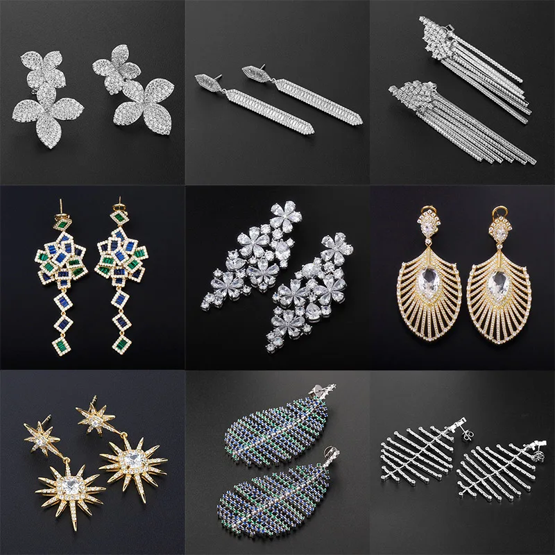 custom 925 silver zircon drop earrings diamond baguette cz large luxury color cubic zirconia silver earring for women jewelry