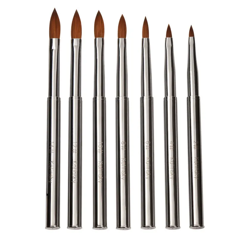 USA Hot Sale 100% Pure Kolinsky Hair Nail Brush Custom LOGO Acrylic Crimped Round Nail Paint Brush Manicure Powder Size 2-14