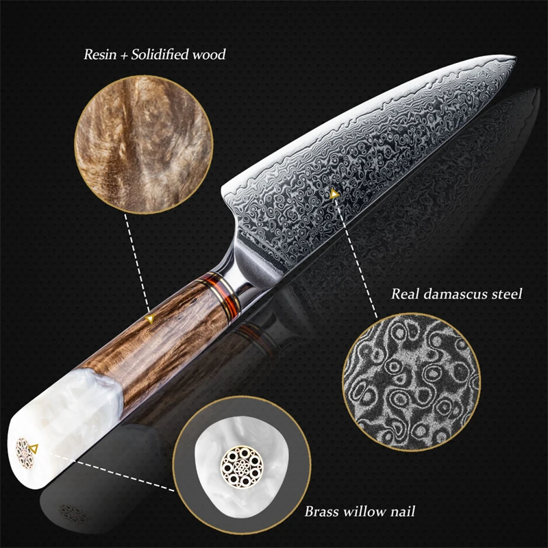 8 inch Damascus Chef Knife Japanese Knives for Kitchen high carbon stainless steel Cutting Knife -Resin & Solidified Wood Handle