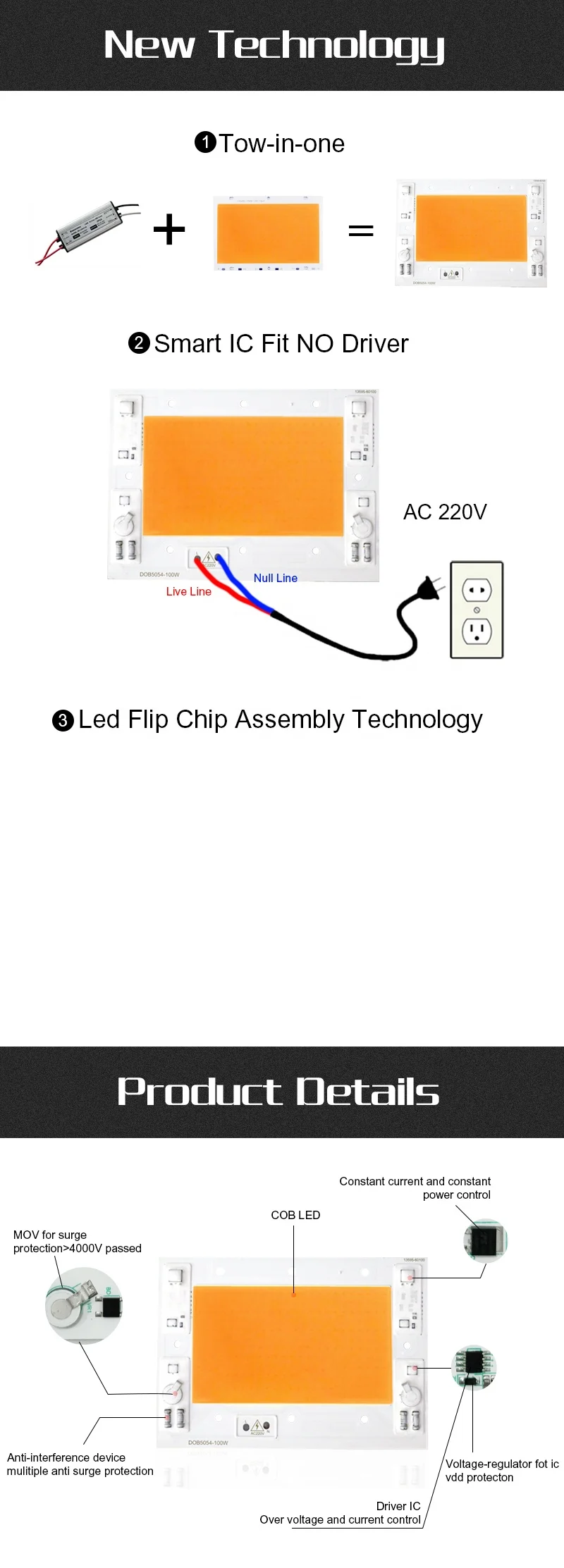 Full Spectrum 5054 Driverless 220V 50W 100W 150W White Pink Led Cob Led Grow Light COB Chip AC Cob Led Chip