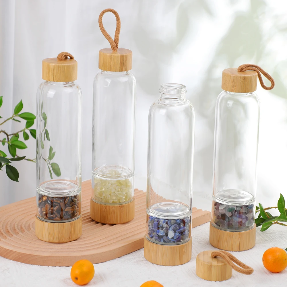 Natural Crystal Infused Glass Water Bottle Bamboo Lid Gemstone Water Bottle with crystal inside