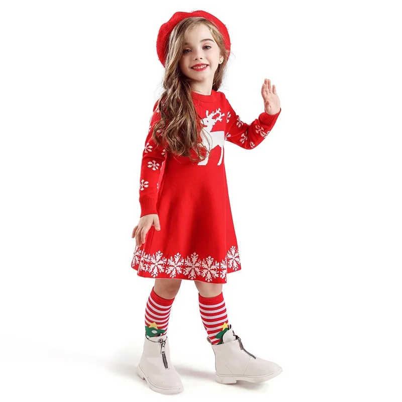 Christmas skirt Children Full Sleeve Snowflake Print Princess Dress for Girls