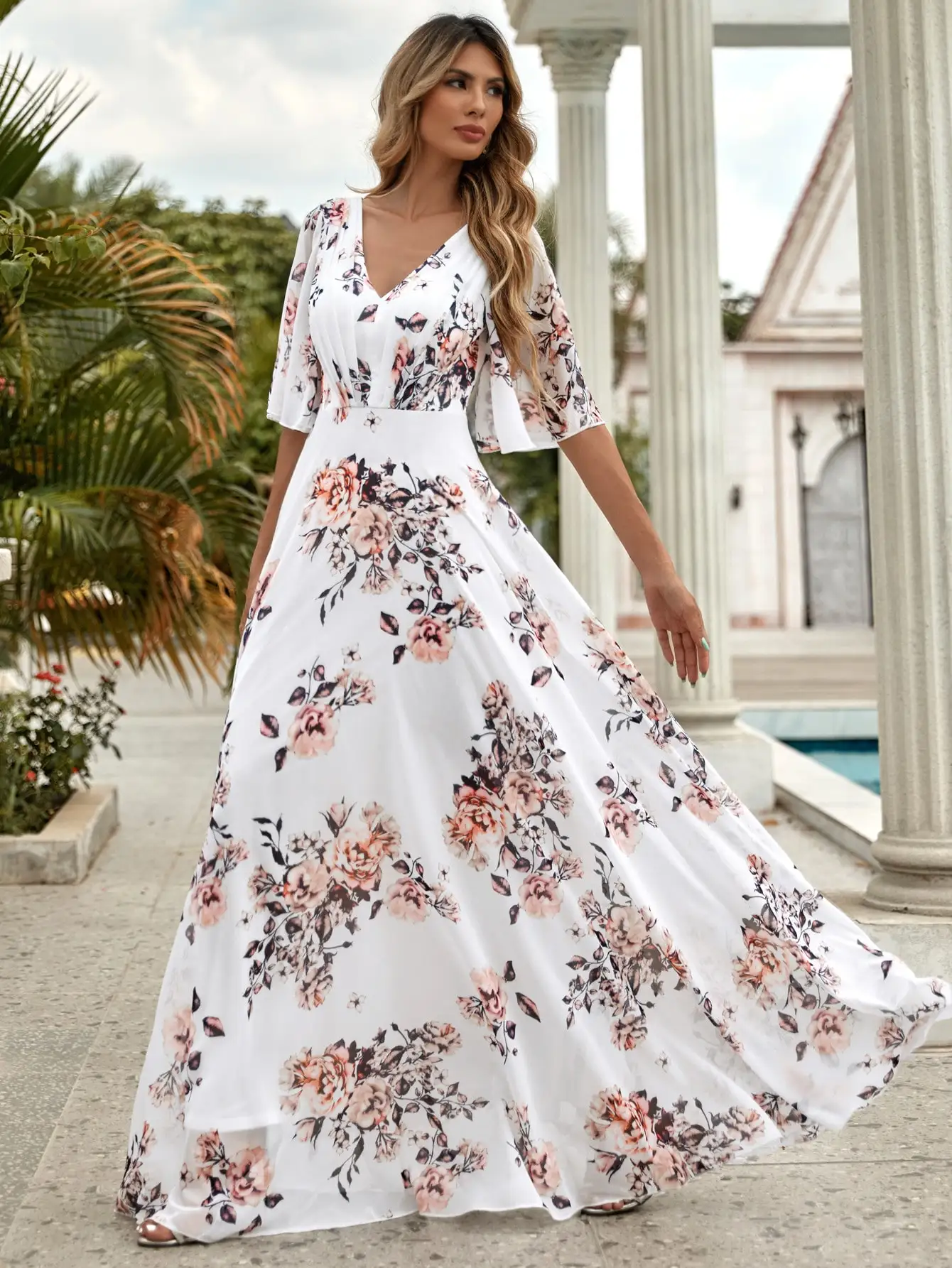 OEM New Custom Fashion Beach Dress vestidos Chiffon Summer Floral Print Flounce Women Lady Elegant Casual Long Linen Dresses