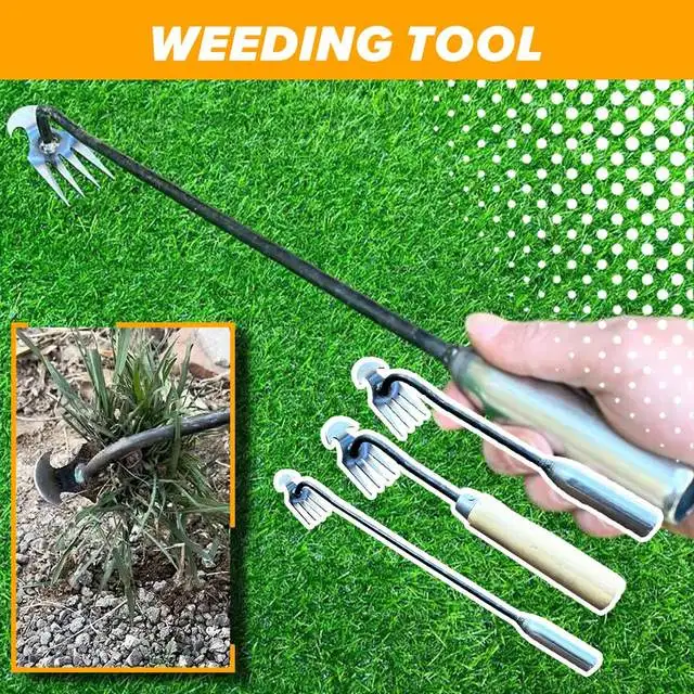Garden Weeding Artifact Uprooting Weeding Tool Steel Weed Puller 4 Teeth Dual Purpose Weeder Hand Remover Tool