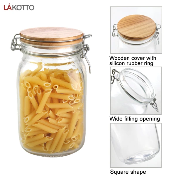 1500ml Airtight Wide filling opening Square Glass Storage Jar Containers with Wooden cover with silicon rubber ring