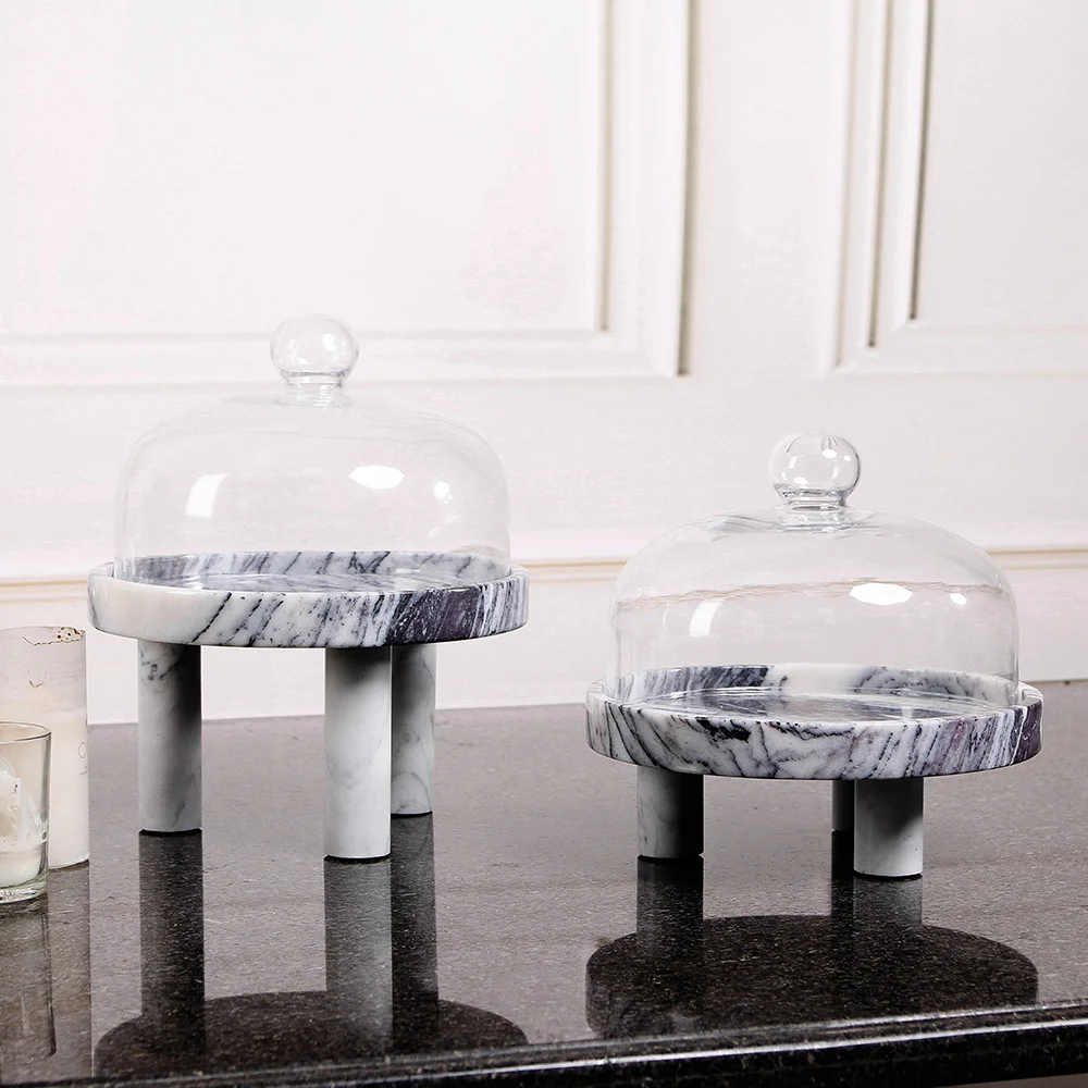 New Arrivals Hotel Luxury Gold Gary Splice Round Marble Cake Display Stands Tray With Dome