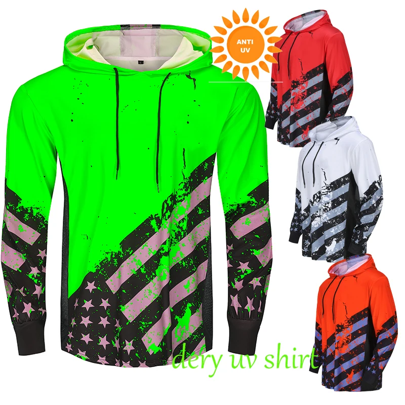 Lightweight UPF 50 Long Sleeve Hoodie T Shirts UV Sun Protection Hooded Fluorescent American Grit Flag Fishing Shirt
