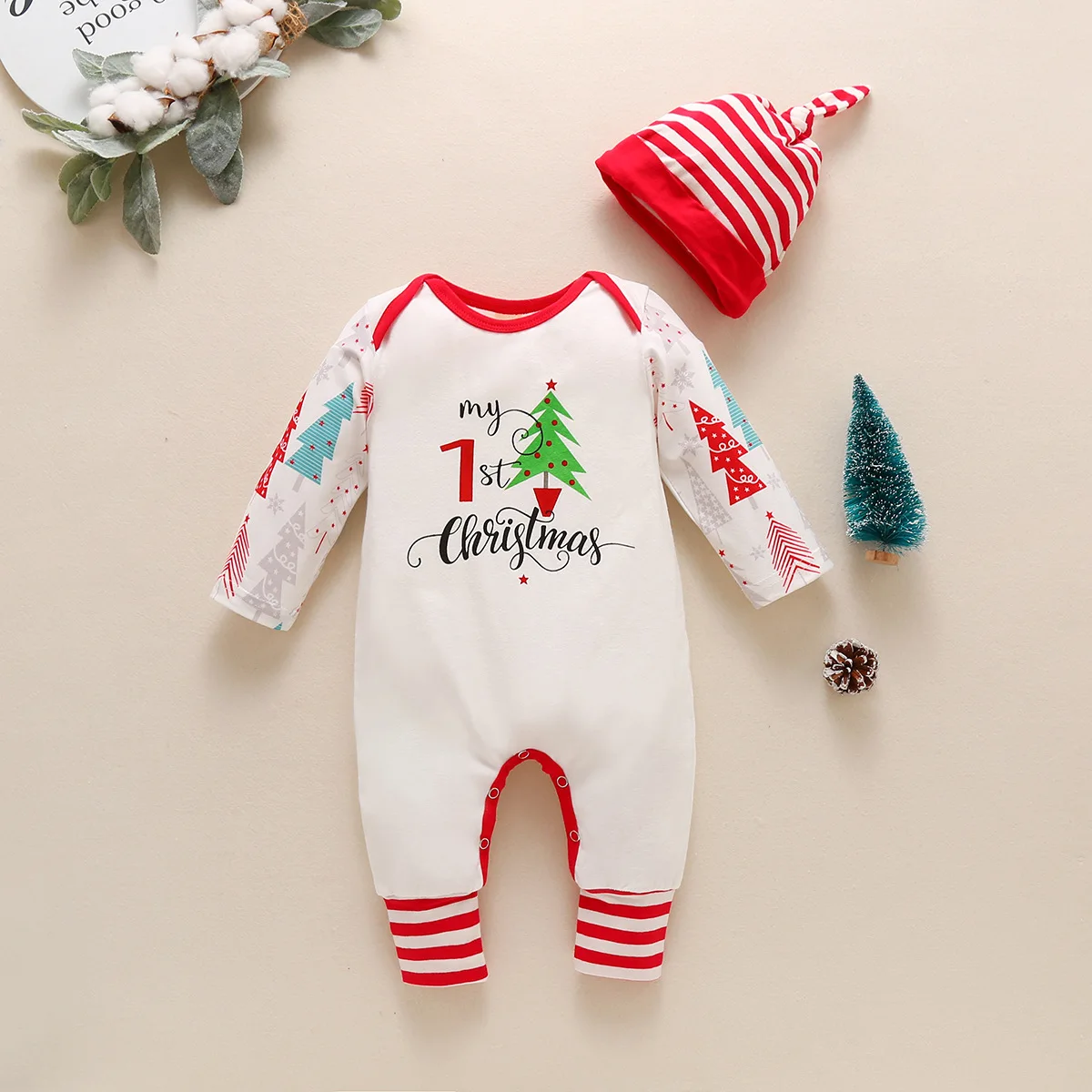 Unisex New Born Baby Clothes Snap Button Baby Jumpsuit Pajamas Christmas Baby Romper With Hats