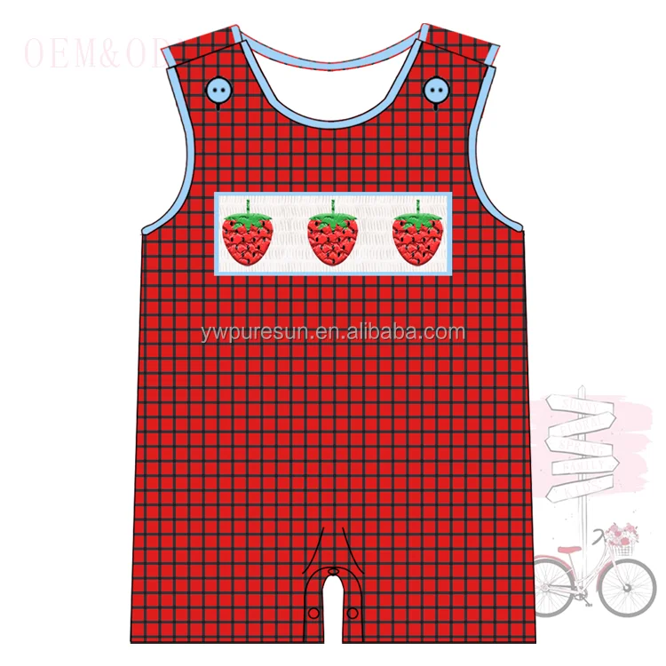 Puresun smocked wholesale plaid print woven lined newborn strawberry French Knot little boys baby rompers