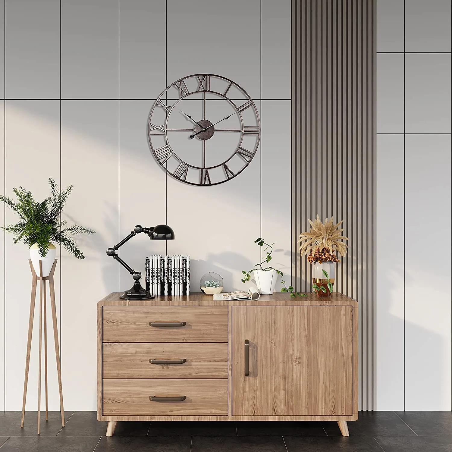 FREE SAMPLE Large modern metal wall clock antique round mute non-ticking battery powered Roman numerals