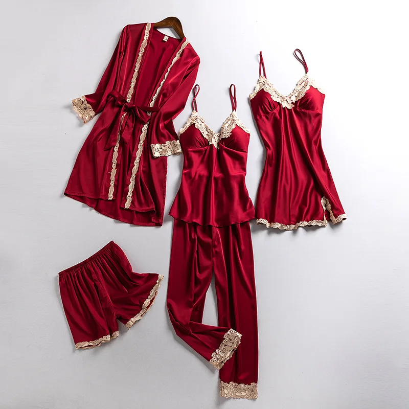 5 Piece Set SleepWear Pijama Sexy slip Lace Bridal Bath robe Pyjamas pigiami Women Silk pantulog Bathrobe pjs Pajamas Set