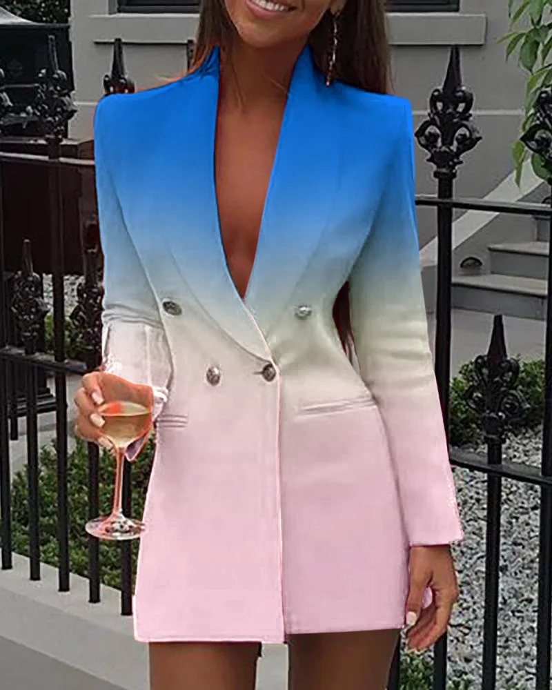 Magicmk Business Casual Gradient Dress Apparel Women Contrast Color Blazer Dress Office Clothing