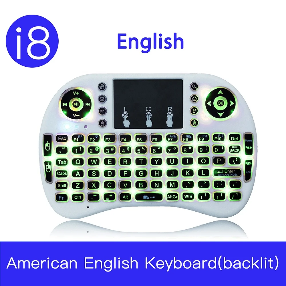 American English Backlight i8 2.4GHz 7-color Wireless Mini Keyboard Hebrew Italian Portuguese  Air Mouse Touchpad Controller