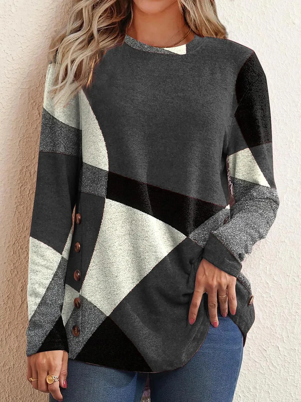 New Fashion Women Loose Color Matching Plus Size Long Sleeve O-neck Button Decor Casual Pullover Tops Blouse T-shirt
