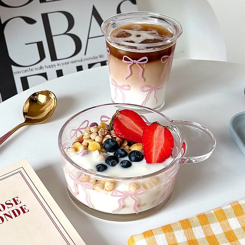 Lelyi Ins Hot selling Cute Bow Glass Bowl Set High Quality Yogurt Bowl and Coffee Cup Wholesale Price