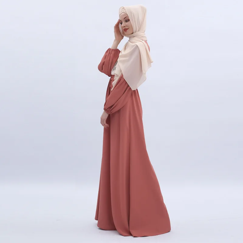 Muslim solid color lantern sleeve elastic cuff dress arabic dress student abaya dress