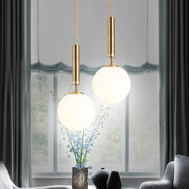 Round Glass White Bubble Pendant Lights Dinning Room Living Bedroom Brass Nordic Contemporary Chandiliers