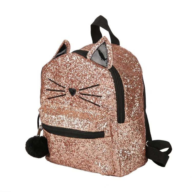 Mini Sequin Kids Glitter Cat Backpack With Applique And Pom-Pom Detail For School Kindergarten Children