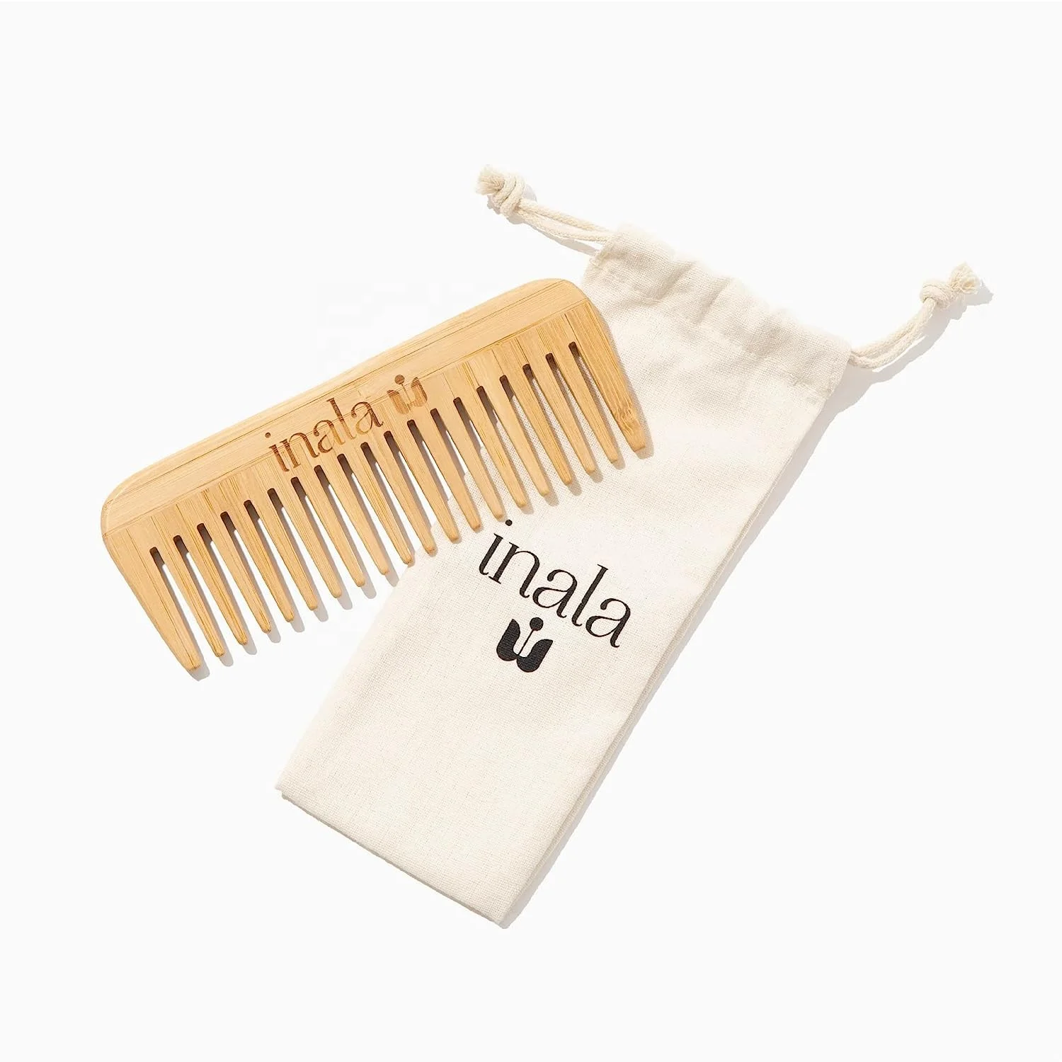 Wholesale Customized Logo Wide Tooth Comb 100% Natural Wood Bamboo Comb Biodegradable with Cotton Bag
