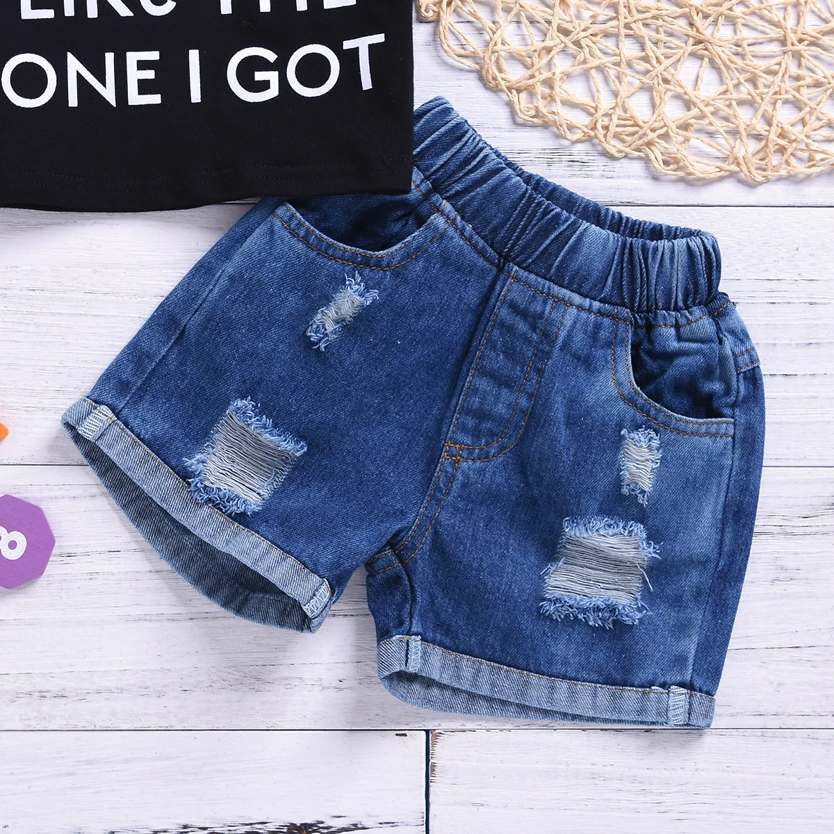New summer baby girl letter short-sleeved printed T-shirt ripped denim shorts 2pcs clothing sets toddler girl set