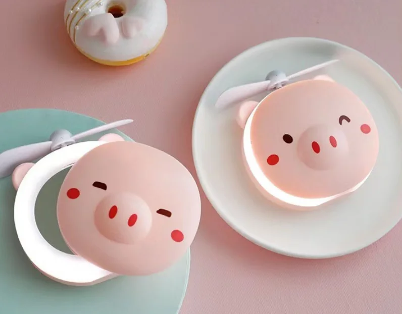 Mini USB Fan Little pig Beauty Mirror with beauty lamp student portable rechargeable LED Makeup Mirror Led Mirror Fan