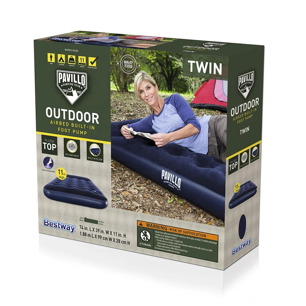 Bestway Flocked Sleeping Surface Single Inflatable Air Bed Mattress with Built-in Air Pump