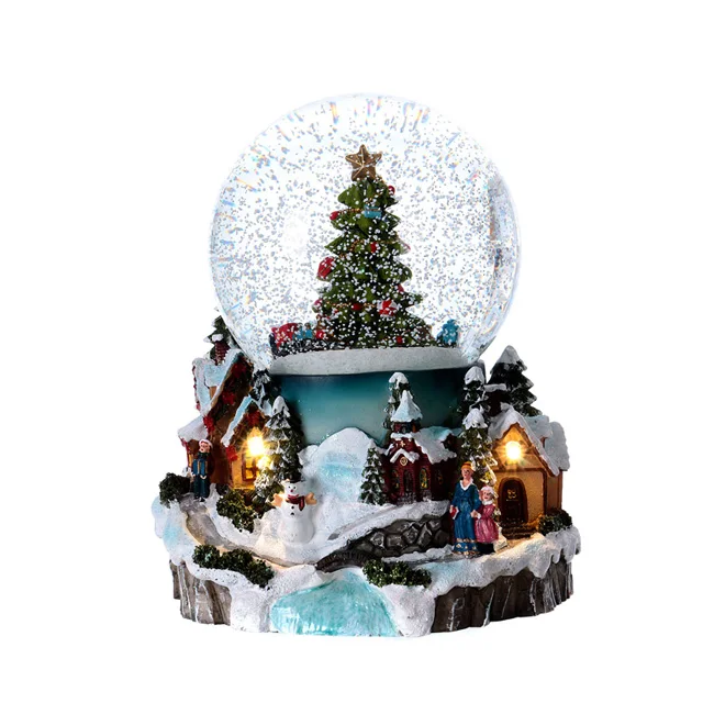 Custom illuminated musical nostalgic water ball resin Christmas village snow globe with tree
