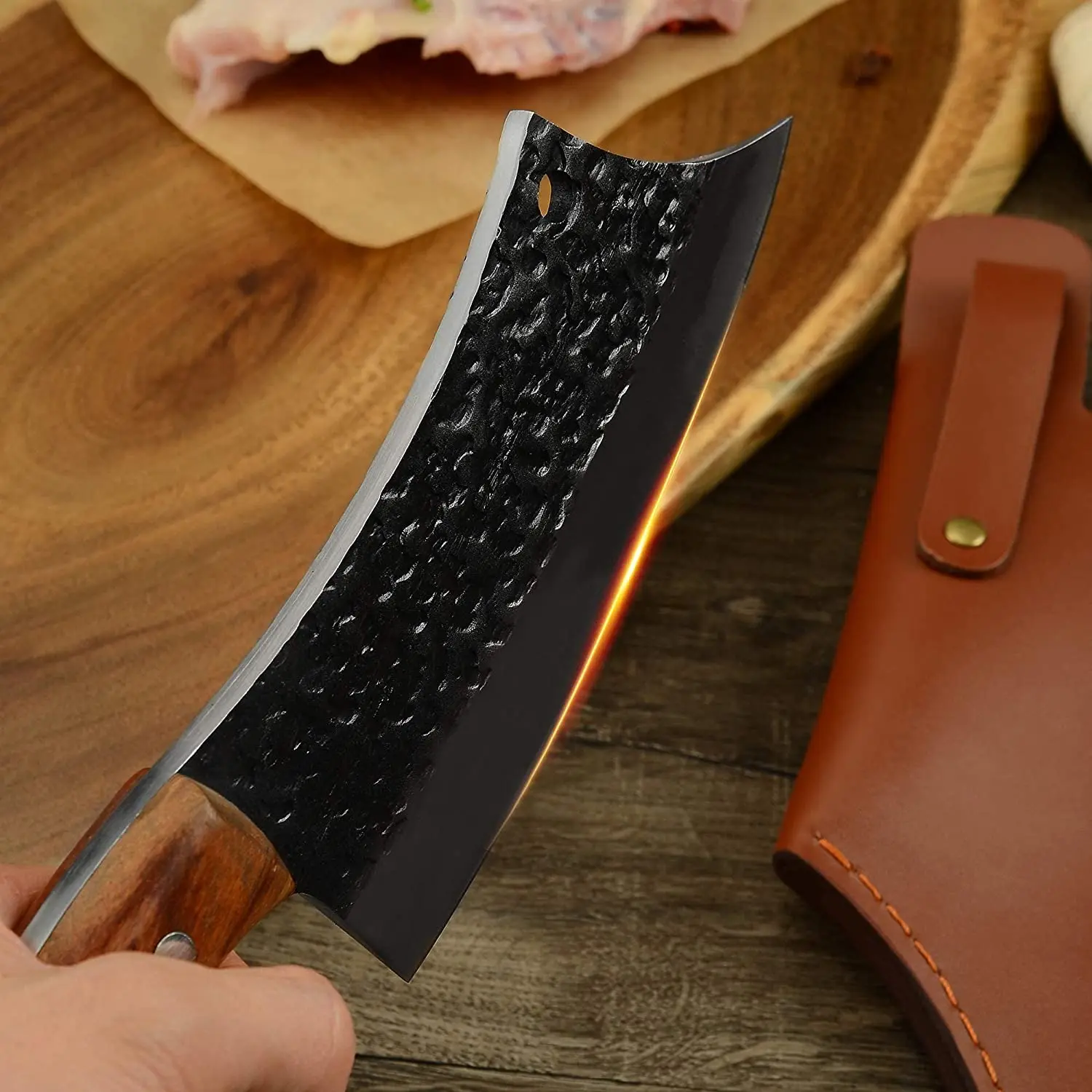 Hand Forged Meat Cleaver 6.3 Inch Kitchen serbian Chef Knife with Leather Sheath and Gift Box Outdoor Butcher Knife