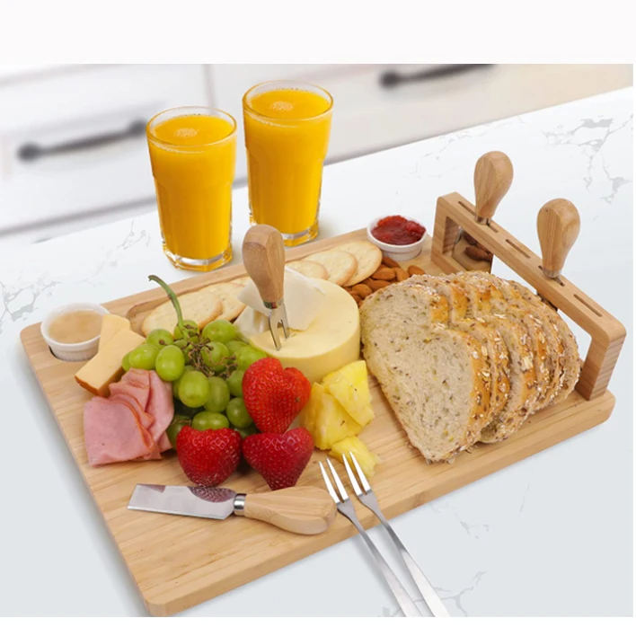 Cheese Board with Serving Plate and slate Tool Holder Includes 4 Cheese Knives bamboo wood cheese board