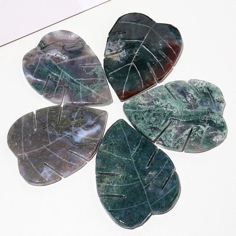 New arrivals hand carved healing stones crystal crafts natural leaf shaped moss agate