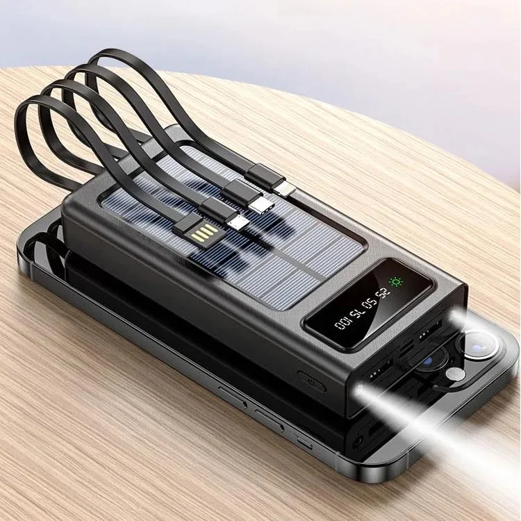 Hot 30000MAH Solar Power Bank Built-In 4-Wire With Dual USB Ports Fast Charging LED Digital Display With Camping Lights